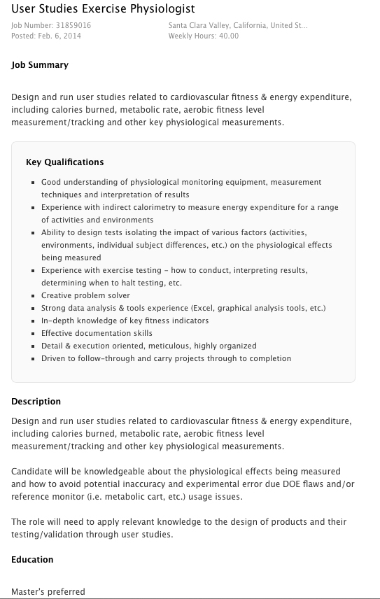 Apple User Studies Exercise Physiologist Job Listing